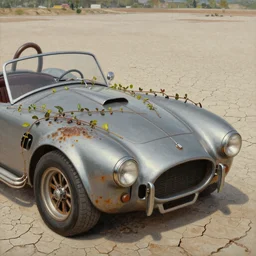 closeup of rusty shelby cobra, vine covered, desert, cracked dry lake bed, by Zdzislaw Beksinski, Norman Rockwell, masterwork, highly detailed, soft lighting, film grain, 8k resolution, hd, oil on canvas