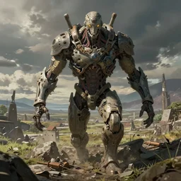 an intricate concept art of a humanoid coming out of the ground, post - apocalyptic, matte painting, concept art, hyper realistic, cgsociety, artstation, style by feng zhu and dylan cole, octane render, anime style, anime color palette, cinematic lighting