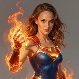 hyper - realistic, gorgeous!!! woman resembling natalie portman as a superhero with fire powers | intricate, highly detailed, digital painting, artstaion, smooth, sharp focus, character desgin, concept art, illustration | art by artgerm & jeehyung lee & wlop