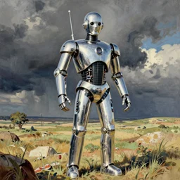 Chrome robot, reflective silver chrome android,Android, 1950s, drawn by Norman Rockwell