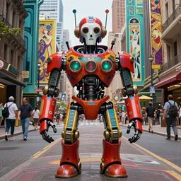 vibrant symmetrical portrait of masked diesel punk robot on the art deco streets of the big city, artstation, award - winning realistic sci - fi concept art by jim burns and greg rutkowski, picasso, beksinski, masterpiece, complimentary colors, james gilleard, bruegel, alphonse mucha, and yoshitaka amano
