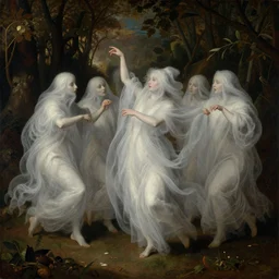 renaissance painting of ghosts dancing in the forest