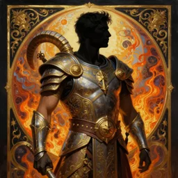 fit brazilian male warrior, mars planet imagery, digital oil paining by artgerm, greg rutkowski, mucha, portrait | art nouveau ram silhouette. d & d. ornate intricate detail, complimentary fire colors. sharp edges. clear detailed. 8 k. elegance