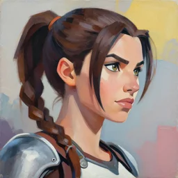 greg manchess portrait painting of partially armored lara croft as overwatch character, close - up shot, asymmetrical, profile picture, organic painting, sunny day, matte painting, bold shapes, hard edges, street art, trending on artstation, by huang guangjian and gil elvgren and sachin teng