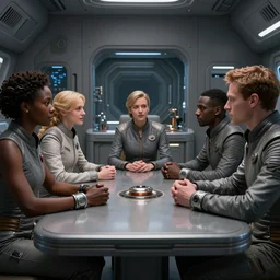 movie diverse interracial small team of European sci-fi futuristic space explorers talking at the table in a spaceship kitchen, beautiful skin, Symmetrical faces. Beautiful lighting by Emmanuel Lubezki