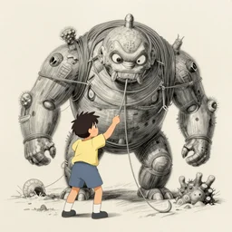 memorable animation key shot, illustration, paper texture, pencil lines, cell shaded anime men taming a giant golem covered in fishing wire, hooks and barnacles at the beach, by mandy jurgens, by satoshi kon, ilya repin, lena aenami, shinji kimura, daylight pastel color palette, vibrant