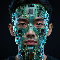 Closeup portrait of a person constructed from circuit boards, circuitry, digital concept art, dark background, LED lights