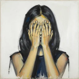 basquiat style painting of a girl with hand over face