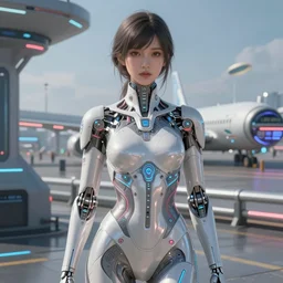 portrait futuristic Airforce Girl, looking at the camera, in future airport rooftop , sci-fi, fantasy, intricate, very very beautiful, elegant, human anatomy, neon light, highly detailed, digital painting, artstation, concept art, smooth, sharp focus, illustration, art by tian zi and WLOP and alphonse mucha