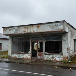 an abandoned store's exterior in the middle of nowhere, by beksinski, ultra detailed, rainy, beautiful