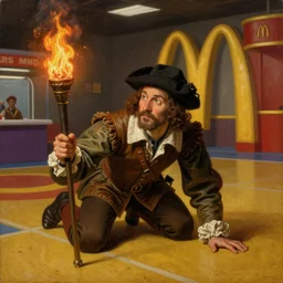 hyperdetailed realistic renaissance revival oil painting, an 1 8 0 0's english explorer holding a burning torch while crawling through a 1 9 9 0's mcdonald's play place