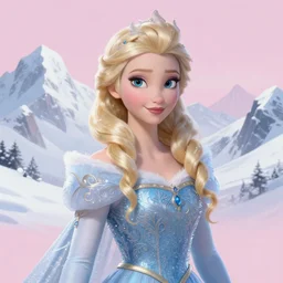 a cinematic portrait female blonde curly hair snow princess, soft pink background, tall mountains, snow, intricate, elegant, highly detailed, digital painting, artstation, concept art, smooth, illustration, art by artgerm and hsiao ron cheng