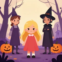 three year old girl with long blonde hair in a halloween scene. clean cel shaded vector art. shutterstock. behance hd by lois van baarle, artgerm, helen huang, by makoto shinkai and ilya kuvshinov, rossdraws, illustration, art by ilya kuvshinov