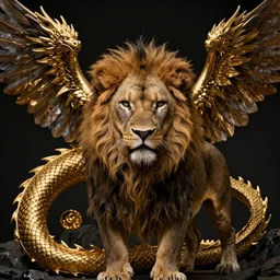 portrait of a male lion and western winged gold dragon, dark, beautiful, highly detailed