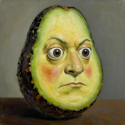 A portrait of a humanoid grumpy old avocado that has big eyes, oil painting by Salvador Dali