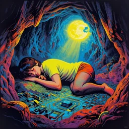 pop art of a giant emerging from its slumber deep in a cave of silicon out into an amazing world