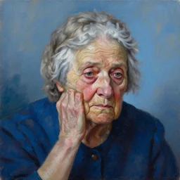 palette knife oil painting portrait of rosina leckermaul, an elderly woman who is in a deep state of depression, extreme detail, artstation trending, grandma, blue, artgerm, any racial background, deviant art, octane, substance, art history 8 k