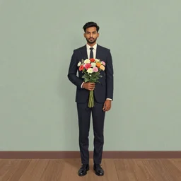 indian guy holding flowers, looking nostalgic, in love, dapper,full portrait, artwork by Cheng, Hsiao-Ron and Wes Anderson