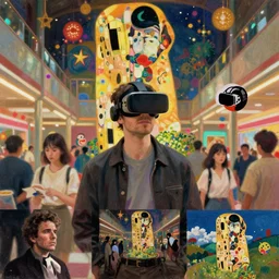 man with vr headset inside retro mall, in the style of lisa yuskavage, dustin yellin, miles johnston, keita morimoto, kuroda seiki, ozabu, john william godward, painterly, yoshitaka amano, moebius, beautiful lighting, miles johnston, klimt, louise zhang, james jean, terrence malick screenshots, ghibli