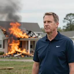 a photo of a house burning down in the background and coach tomlin with an placid expression in the foreground, strong depth of field