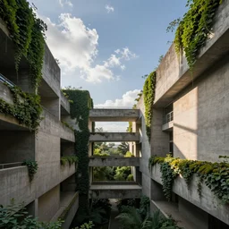 concrete architecture with many walkways connecting the structures with moss and ivy growing all over, futuristic, late afternoon light, wispy clouds in a blue sky, by frank lloyd wright and greg rutkowski and ruan jia