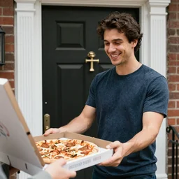 calebcity at his front door smiling as he recieves his pizza
