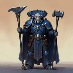 full character potrait of genetic combination between anvil & hammer & goblin, holding a ceremonial staff, wearing a cloak, zdzislaw beksinski, lewis jones, dariusz zawadzki, wayne barlow, warhammer fantasy, cold hue's, warm tone gradient background, concept art, 4 k, ultra - high - definition
