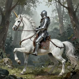 in a forest clearing there is a unicorn ridden by a knight, knight armor of thorns and glass, concept art by greg rutkowski