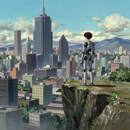 a lone cyborg atop a cliff watches over mcdonalds city, cityscape, cyberpunk, by tsutomu nihei, katsuhiro otomo, kentaro miura, moebius, studio ghibli