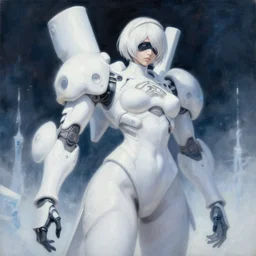 an intricate oil painting of a giant pristine white anime humanoid feminine mecha with rounded components by simon stalenhag, inspired by nier : automata, icey tundra background