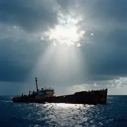 thick clouds, centered god rays, moody, colorized,!!! sunk on the ocean floor, shipwreck, dramatic light, ultrafine, hyperrealistic, 3 2 k, 3 5 mm film still, movie