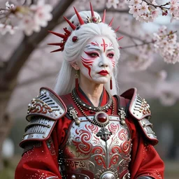 albino grandmother in a ornated armor pagan facepaint, detailed, jewelry, sakura, photograph, award wining, red and white, trending on artstation, punk attitude, 4 k, unreal engine 5, octane render, neon highlights