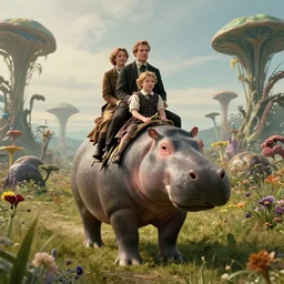 film still from a sci fi blockbuster movie made in 2022, set in 1860, of a family riding on the back of alien hippos, on an alien planet, across an alien landscape that is full of strange wild alien plants and flowers, the family are wearing 1850s era clothes, cinematic lighting, 8k, in focus faces, good quality lighting, good quality photography, oscar winner