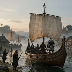 knights dismounting off their longship to invade a village, dusk, cinematic, concept art, slight fog, high detail, wide shot, dynamic lighting, sharp focus, high resolution