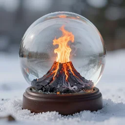 volcano inside a snow globe, award winning photo, depth of field, dramatic, burning
