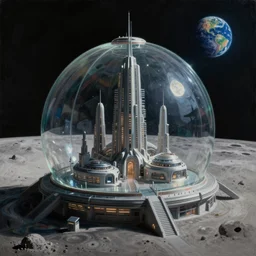 a matte masterpiece epic scene painting of an arcturian transparent glass domed futuristic city outpost on the moon, colorful earth in the distant background, highly detailed, in the style of greg rutkowski and remedios varo, dark moody lighting, hyper photorealism, trending on artstation, 8 k
