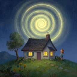 beautiful matte painting of a cottage on a hill whimsical by brian froud and bridget bate tichenor with glowing spiral
