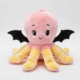 cute mischievous eight legged octopus plush doll with two webbed bat arms, by the sanrio company, real, in collaboration with build a bear company, kawaii, pink, yellow