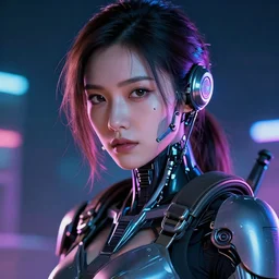beautiful close - up portrait of a cyborg mercenary girl, art by wlop, liam wong, cyberpunk, neon, combat armor, head and shoulders, intricate details, trending on artstation, sharp focus, caustics, octane render, radiant light, 4 k