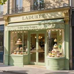cake and sweet shop inspired by laduree in paris, natural lighting, wide angle, intricate details, matte painting, illustration, wayne thiebaud and hayao miyazaki