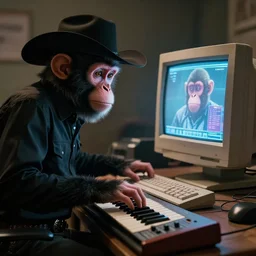a professional photo of a monkey wearing a black shirt and a cowboy hat while playing with an analog synth and a cgi old computermonitor, award winning photograph, masterpiece, cinematic lighting, cinematic composition, cinematic atmosphere, vfx
