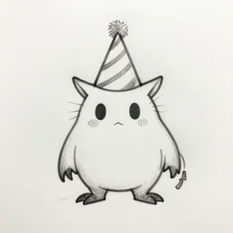 OSR drawing beholder with party hat, simple, white background, sketch book