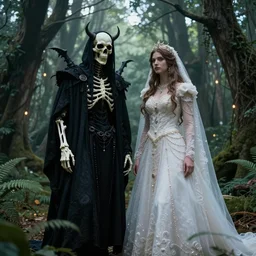 analog video footage of of the marriage between a death god and a war goddess in a magical forest in the style of high urban fantasy Hyper detailed Hyper Photorealistic High Resolution HD 8k post-processing