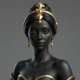 a black space goddess with a golden headpiece, trending on artstation, octane render detailed face, 8k, hyperrealistic, medium shot
