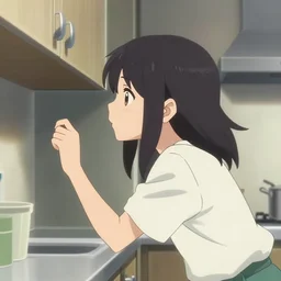 anime film visual portrait of a young woman looking in a kitchen cabinet from a distance,, cute face by ilya kuvshinov, makoto shinkai, murata range, kyoani, dynamic pose, crisp and sharp, yoshinari yoh, anime poster, ambient light, focused