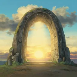 Dimensional portal in the sky in the style of ghibli, serene, warm lights, cinematic