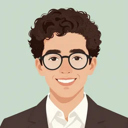 jewish young man with glasses, dark short curly hair smiling, illustration in the style of christian robinson