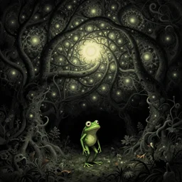 Dark Forest fractal Light Through Canopy black sky story book Tony DiTerlizzi Brazilian Rosewood wandering pepe the frog standing upright the value of grief and loss Dark Forest Canopy loss, Luminism, pepe the frog , art in the style of Tony DiTerlizzi , Francisco de Goya and Thomas Cole and Gustave dore and Arnold Lobel