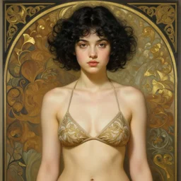 beautiful cottagecore of a girl with short black curly hair, round face, cute face, wearing a bikini. intricate, elegant. highly detailed, digital painting, artstation, concept art, smooth, sharp, focus, illustration. art by artgerm and greg rutkowski alphonse mucha and Marat Safin