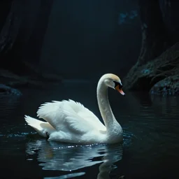 dark eerie movie frame, greek fantasy panorama, elegant shining swan in the magic shining river styx, otherworldly, stanley kubrick, 1 7 mm, wide shot, surreal, deep